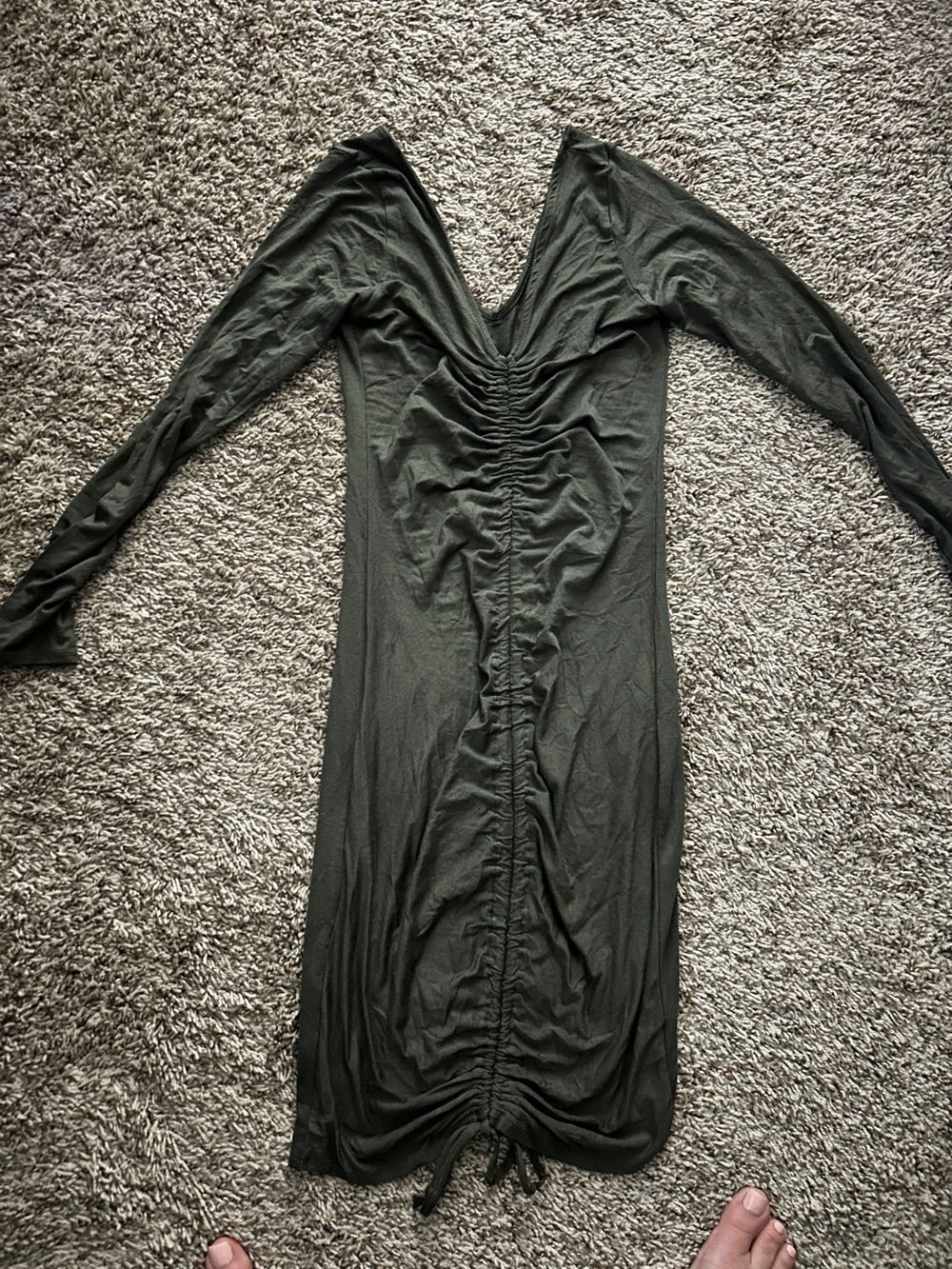 Hot Miami Styles Olive Green Long Sleeve Ruched Midi Dress